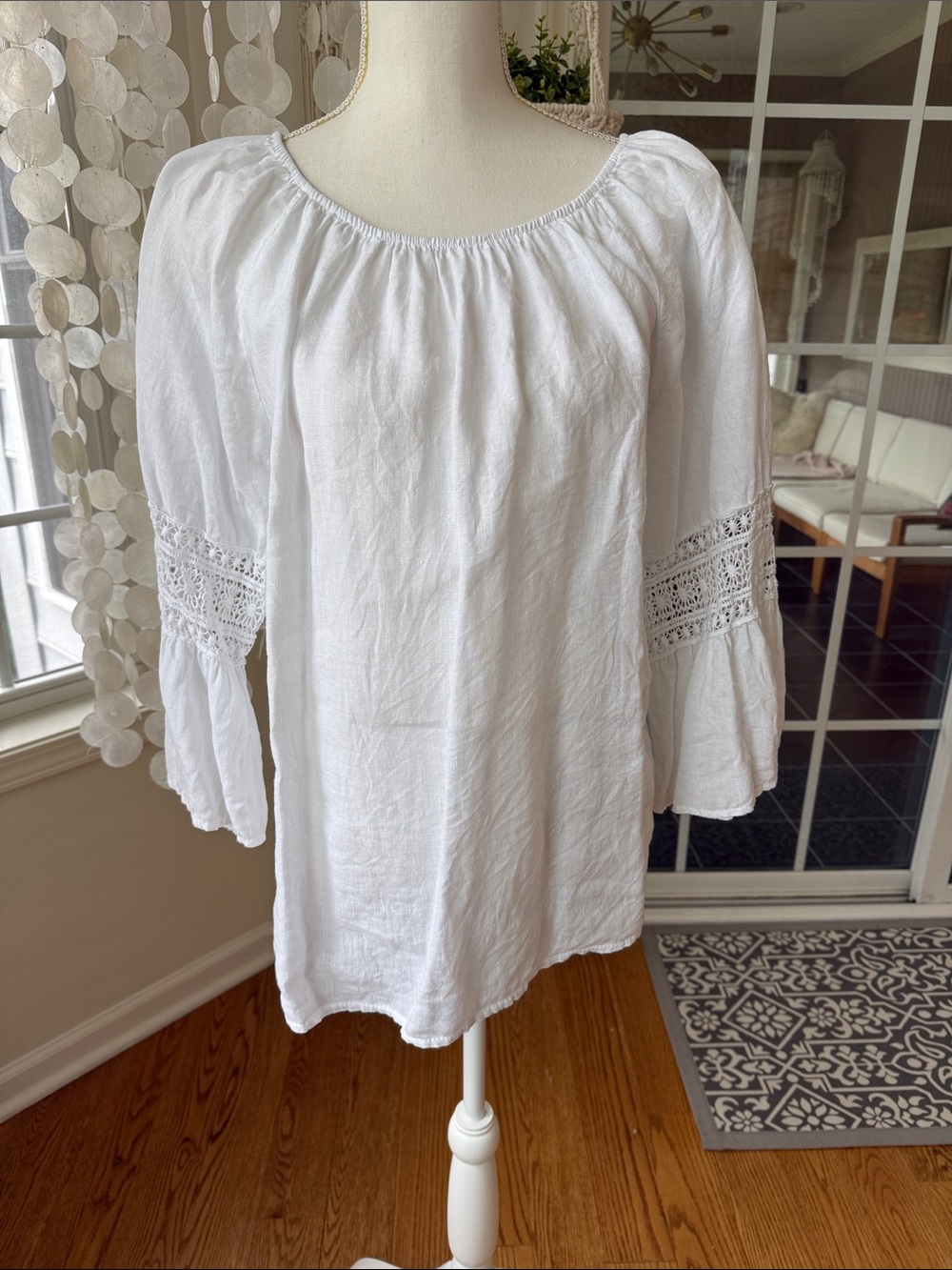 Italy Alessia Linen White Peasant Blouse with Lace Sleeve Detail